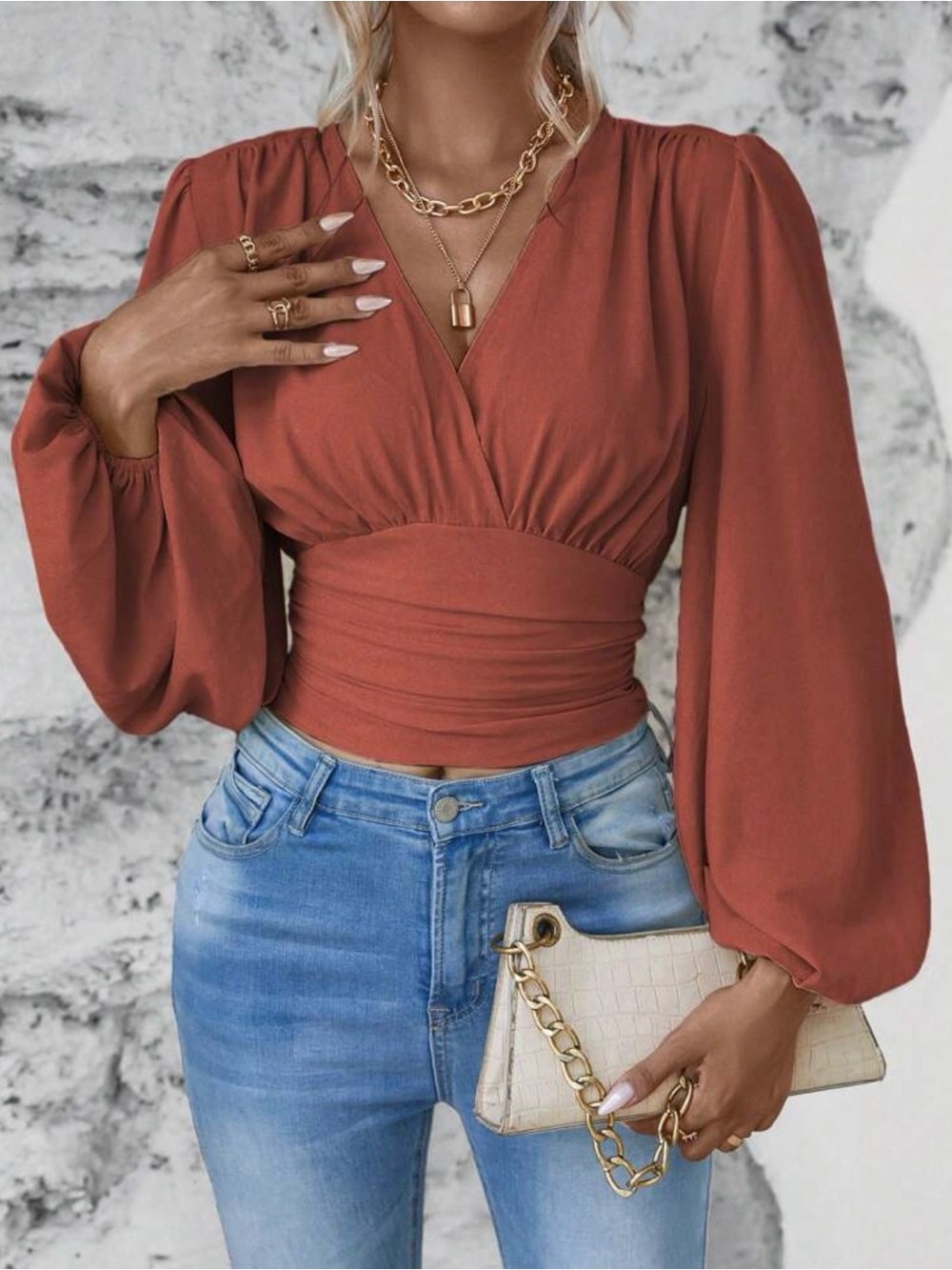 Wrap Front Fitted Long Sleeve Blouse